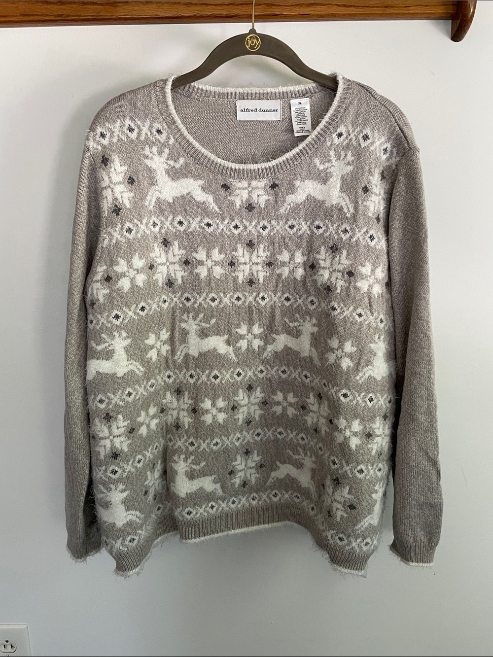 Alfred Dunner Gray and White Reindeer Fair Isle Scoop Neck Sweater